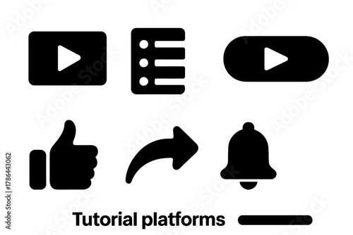Tutorial Icons Collection. Tutorial platforms. Filled icon set of tutorial platforms: video screen, playlist,