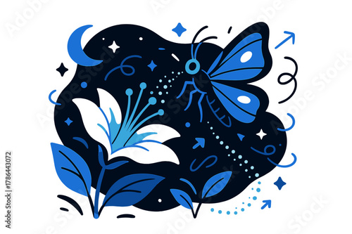 Nocturnal Moth Flight. Nocturnal pollination. A moth visiting a glowing night-blooming flower under a soft