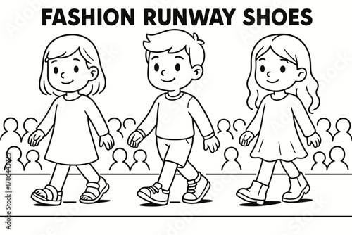 Kids' Fashion Runway. Fashion runway shoes children?s coloring book illustration, outlined drawing, models