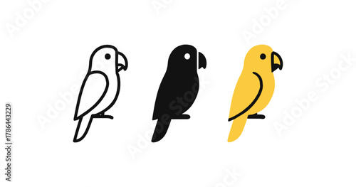 Minimalist parrot silhouettes in trio of styles: outline, solid, and filled designs