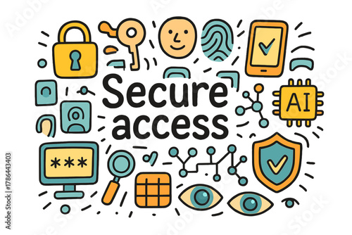 Secure Access Doodle. Secure access. Hand-drawn doodle illustration of Secure access. Lock, key, face,