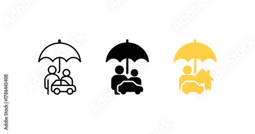 Umbrella icon set: protection for family, car, and home in minimalist style