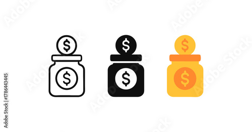 Coin jars: outline, silhouette, and flat icons for financial themes