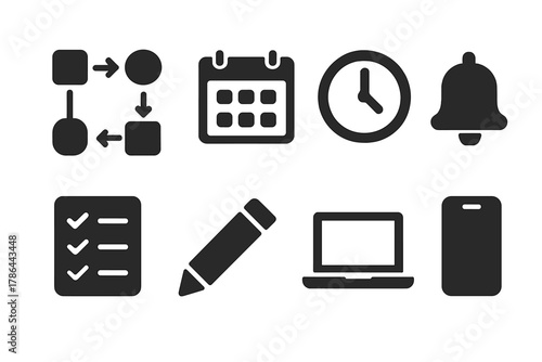 Scheduling Workflow Icons. Scheduling workflow. Filled icon set of scheduling workflow: arrows connecting