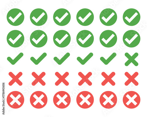 A grid of green checkmarks and red crosses represents choices and decisions.