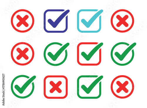 A collection of checkmarks and crosses are displayed in a grid of twelve icons.