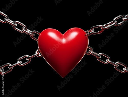 Red heart locked with metal chains on black background