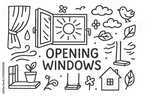 Opening Windows Doodle. Opening Windows. Hand-drawn doodle illustration of opening windows. Window frame,