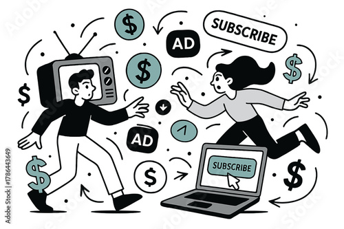 Monetization Disruption Dynamics. Monetization challenge. Floating dollar signs, ad icons, and subscription