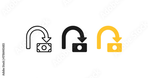 Money refund icons: minimalist arrow and currency set in different styles