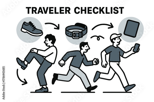 Traveler's Minimal Guide. Traveler checklist. Illustrated icons of shoes, belts, and devices forming a minimal