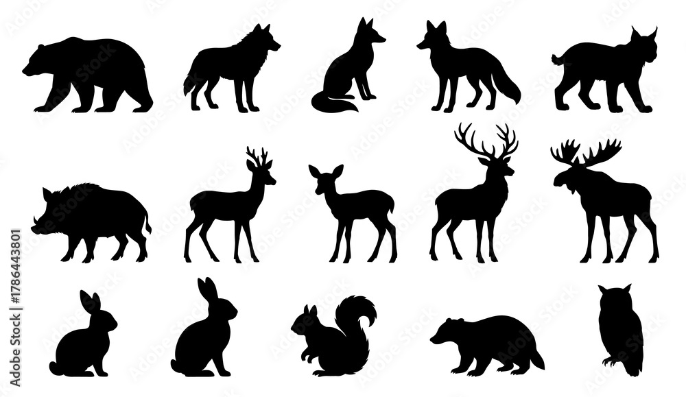 Obraz premium Forest animals silhouettes set. Flat illustrations of wild animals.