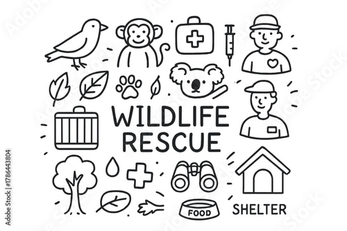 Wildlife Rescue Doodle. Wildlife Rescue. Hand-drawn doodle illustration of wildlife rescue and rehabilitation