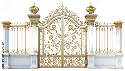 ornate gold and white metal gate with decorative isolated on white background, png, ai generated