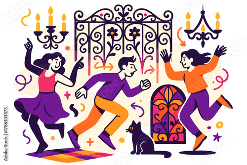 Victorian Whimsy Vibes. Victorian whimsy. Curved iron gates, floral motifs, and candle chandeliers glow in