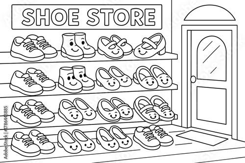 Shoe Store Coloring Page. Shoe store children?s coloring book illustration, outlined drawing, cartoon shop