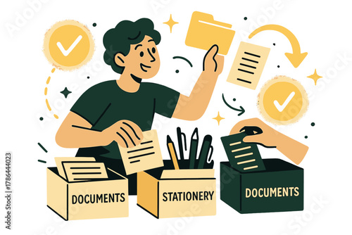 Efficient Office Decluttering. Home office decluttering. Person sorting documents and stationary into labeled