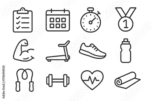 Goal Setting Icons. Goal setting fitness. Line outline icon set of goal setting fitness: clipboard, calendar,