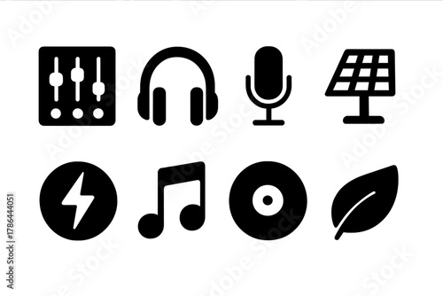 Eco Music Icons. Eco Music Production. Filled icon set of Eco Music Production: mixing console, headphones,