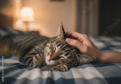 A persons hand gently petting a sleeping tabby cat on a bed with a blue and white checkered blanket, creating a cozy and peaceful atmosphere