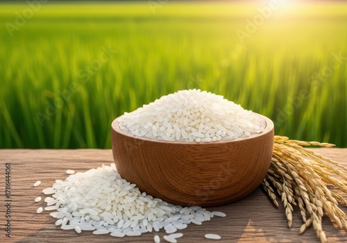 White rice in wooden bowl with paddy field background and sun