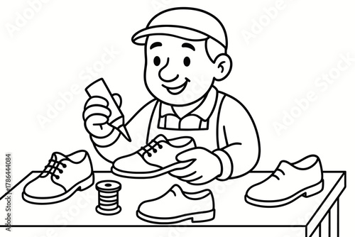 Friendly Cobbler Coloring. Shoe maker children?s coloring book illustration, outlined drawing, friendly