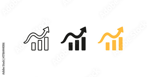 Growth arrow icons with rising bar graph in three modern styles