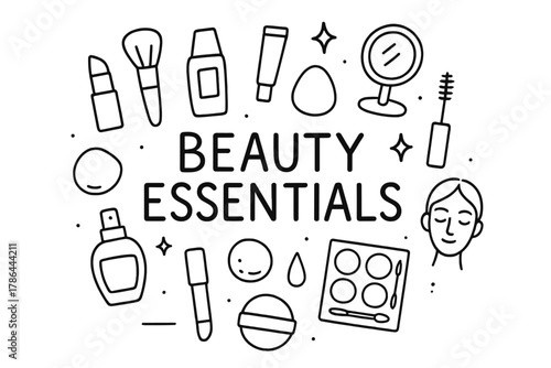 Beauty Essentials Doodle. Beauty Essentials. Hand-drawn doodle illustration of Beauty Essentials. brush,