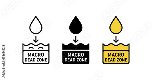 Macro dead zone icons with liquid drop and caption in trio of designs