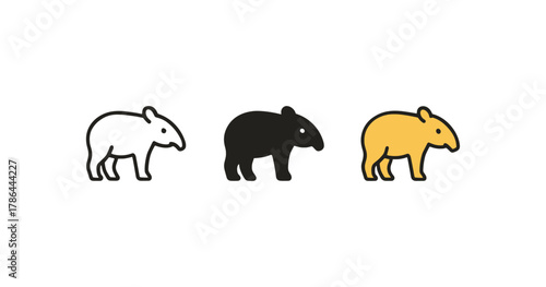 Minimalist tapir silhouette icons: black, white, and yellow variations