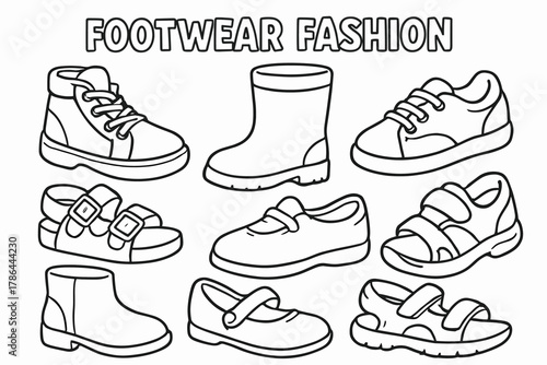 Kids Footwear Coloring Fun. Footwear fashion children?s coloring book illustration, outlined drawing, cheerful