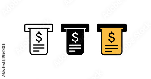 Minimalist icons of cash withdrawal from atm machine in outline, solid and colored styles