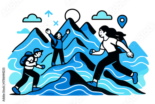 Stylized Mountain Adventure. Mountain-inspired illustration. Stylized peaks and valleys with glowing abstract