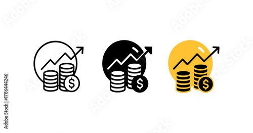Monochrome and colorful icons of financial growth with coins and arrow graphs
