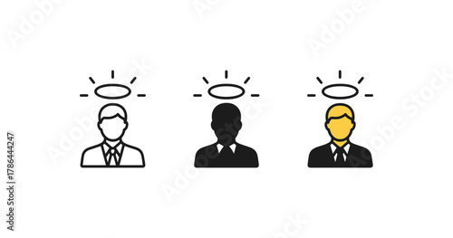 Halo icon set: business people with halos in outline, solid, and colored styles