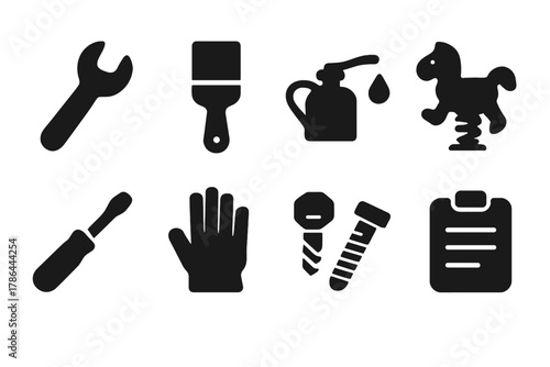 Playground Maintenance Icons. Playground maintenance. Filled icon set of playground maintenance: wrench, paint