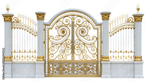 ornate gold and white metal gate with decorative isolated on white background, png, ai generated