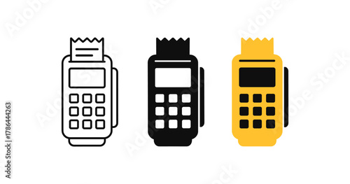 Stylish payment terminal icons in flat design: black, yellow, outline variations
