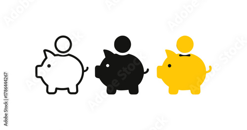 Minimalistic piggy bank icons with coin in three colors for financial concepts