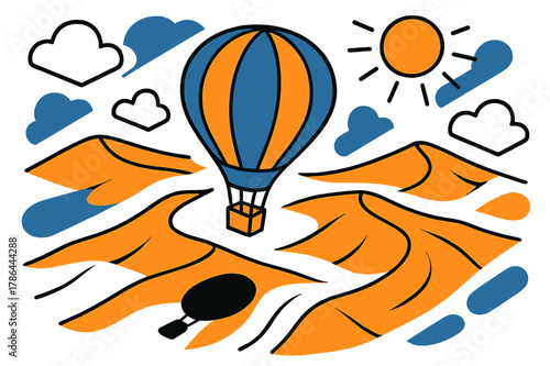 Hot Air Balloon Adventure. Sky view. A hot air balloon casting shadows on dunes below, floating geometric