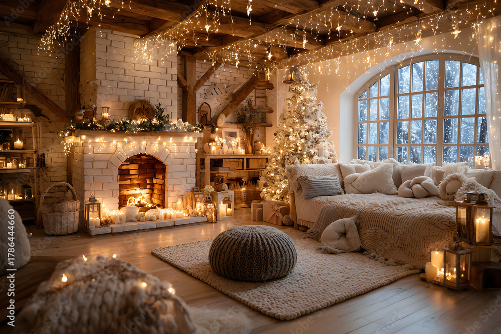 Naklejka premium warm cozy evening in Christmas room interior design,Xmas tree decorated by lights gifts,toys, deer,candles, lanterns, garland lighting indoors fireplace.holiday.magic New year