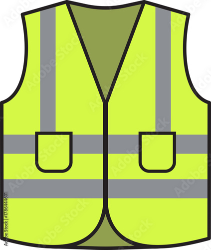 Green safety vest with reflective strips vector illustration icon. High visibility personal protective equipment for construction worker and road safety concept. Safety vest silhouette icon.