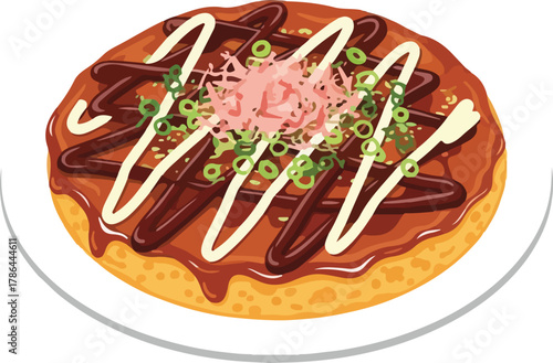 Delicious Japanese Okonomiyaki Savory Pancake Illustration with Toppings