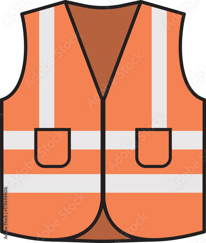 Orange safety vest with reflective strips vector illustration icon. High visibility personal protective equipment for construction worker and road safety concept. Safety vest silhouette icon.