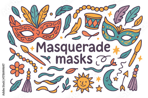 Colorful Masquerade Doodles. Masquerade masks. Hand-drawn doodle illustration of masquerade masks. Mask,