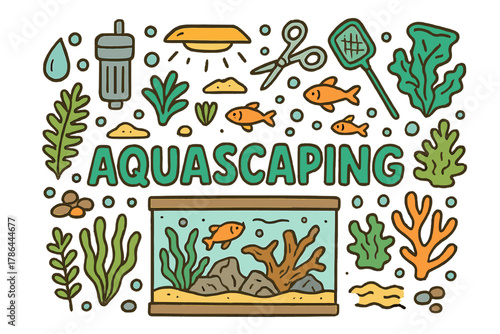 Aquascaping Doodle Illustration. Aquascaping. Hand-drawn doodle illustration of Aquascaping. Aquarium tank,