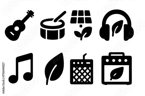 Eco-Friendly Music Icons. Eco-Friendly Music Gear. Filled icon set of Eco-Friendly Music Gear: guitar, drum,