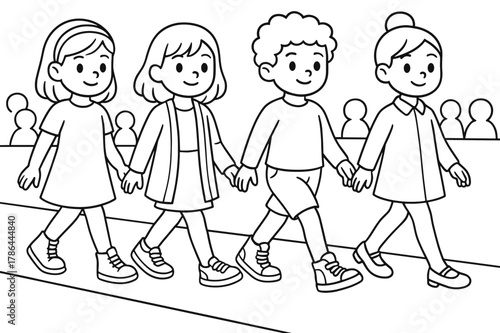 Kids' Fashion Runway Coloring. Fashion runway shoes children?s coloring book illustration, outlined drawing,