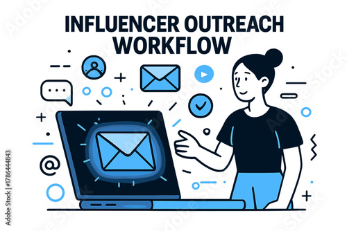 Influencer Outreach Workflow. Influencer Outreach Workflow. A laptop shows a glowing inbox with multiple