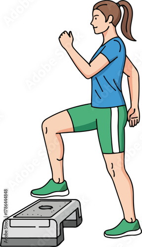 Active Woman Doing Step Aerobics Exercise on a Riser Platform Illustration
